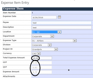 Shows the collection of Canadian tax in DynamicPoint's Expense Management application