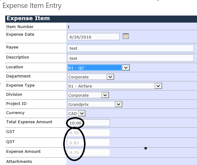 Shows the collection of Canadian tax in DynamicPoint's Expense Management application