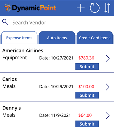 View all expense line items using mobile Power App